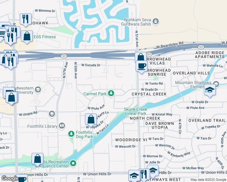 map of restaurants, bars, coffee shops, grocery stores, and more near 5236 West Tonto Road in Glendale