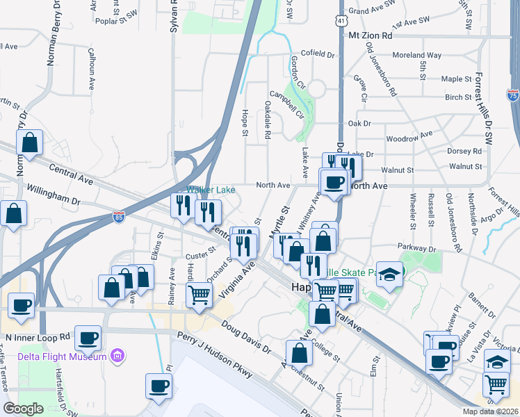 map of restaurants, bars, coffee shops, grocery stores, and more near 3284 Stillwood Drive in Atlanta