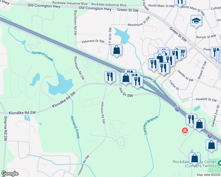 map of restaurants, bars, coffee shops, grocery stores, and more near in Conyers