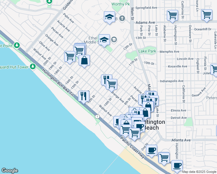 map of restaurants, bars, coffee shops, grocery stores, and more near 401 11th Street in Huntington Beach