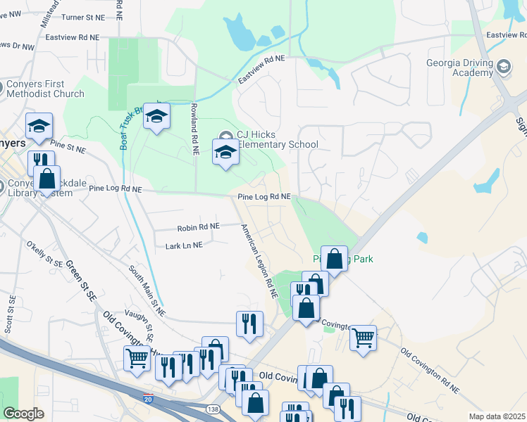 map of restaurants, bars, coffee shops, grocery stores, and more near 1357 Pine Logging Road Northeast in Conyers