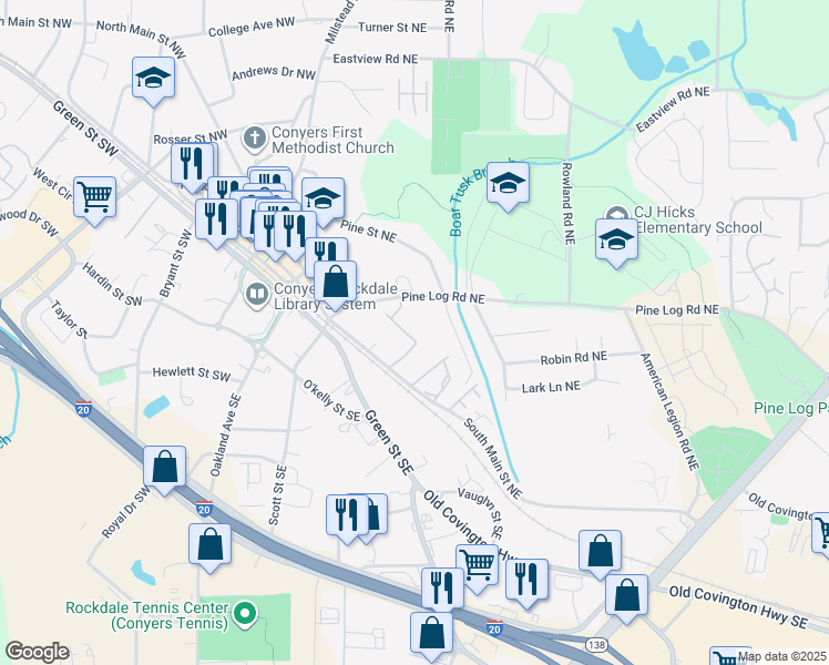 map of restaurants, bars, coffee shops, grocery stores, and more near 1045 South Main Street Northeast in Conyers