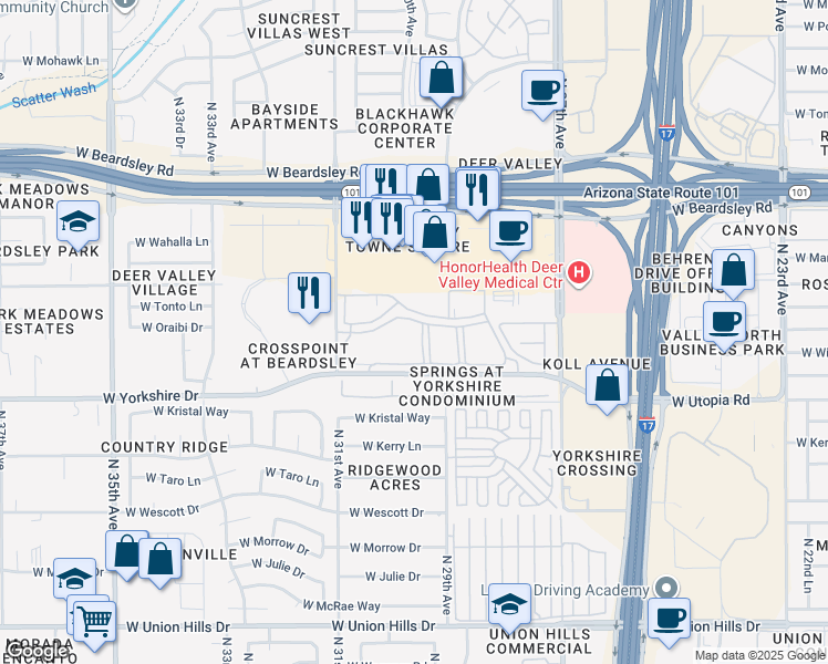map of restaurants, bars, coffee shops, grocery stores, and more near 3010 West Yorkshire Drive in Phoenix