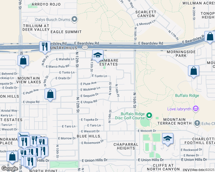 map of restaurants, bars, coffee shops, grocery stores, and more near 1349 East Piute Avenue in Phoenix