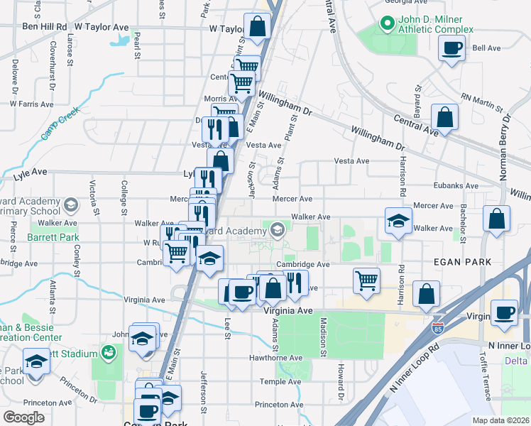 map of restaurants, bars, coffee shops, grocery stores, and more near 1632 Mercer Avenue in College Park