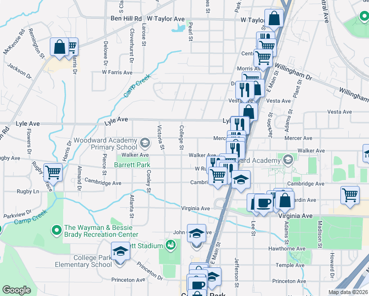 map of restaurants, bars, coffee shops, grocery stores, and more near 3341 College Street in College Park