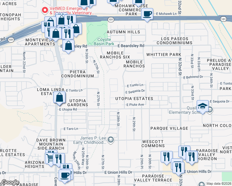 map of restaurants, bars, coffee shops, grocery stores, and more near 2744 E Utopia Rd in Paradise Valley