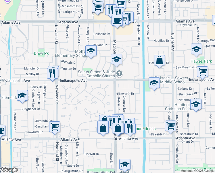 map of restaurants, bars, coffee shops, grocery stores, and more near in Huntington Beach
