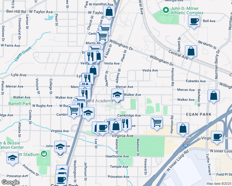 map of restaurants, bars, coffee shops, grocery stores, and more near 1627 Walker Avenue in College Park