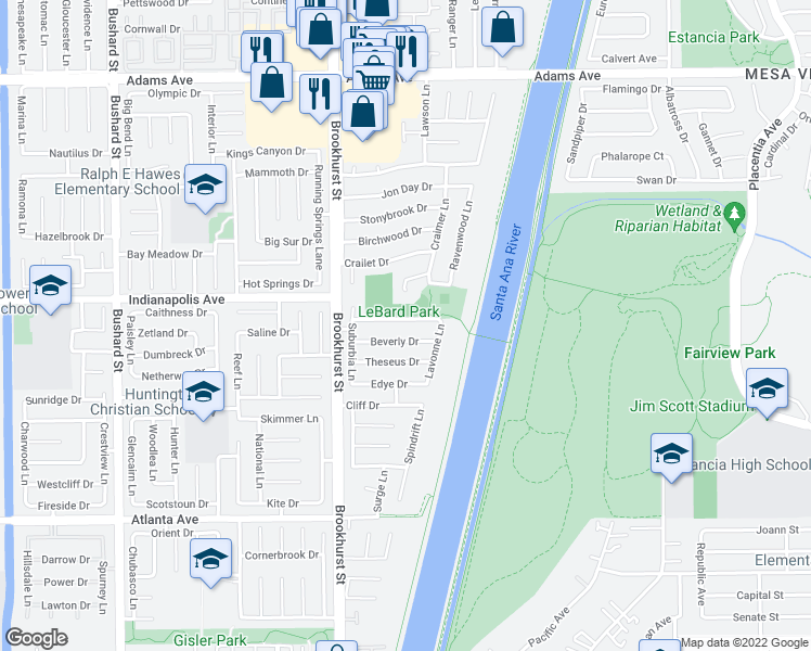 map of restaurants, bars, coffee shops, grocery stores, and more near 10152 Cynthia Drive in Huntington Beach