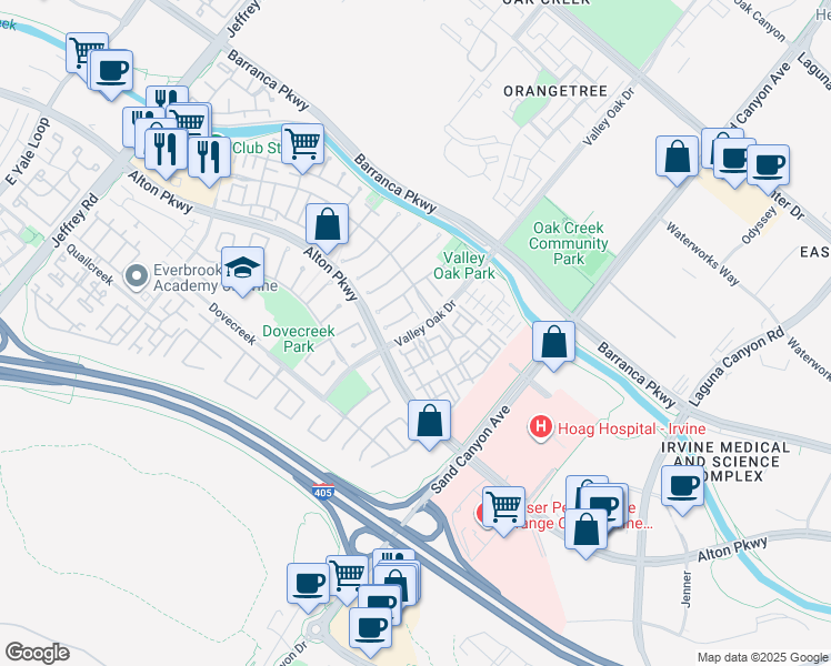 map of restaurants, bars, coffee shops, grocery stores, and more near Valley Oak Dr & Oak Glen in Irvine