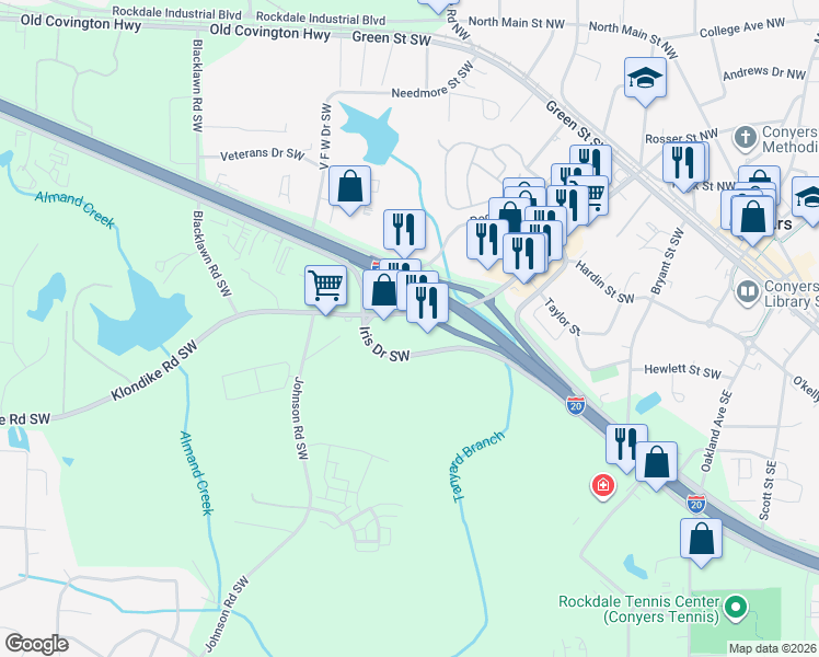 map of restaurants, bars, coffee shops, grocery stores, and more near 1320 Klondike Road Southwest in Conyers