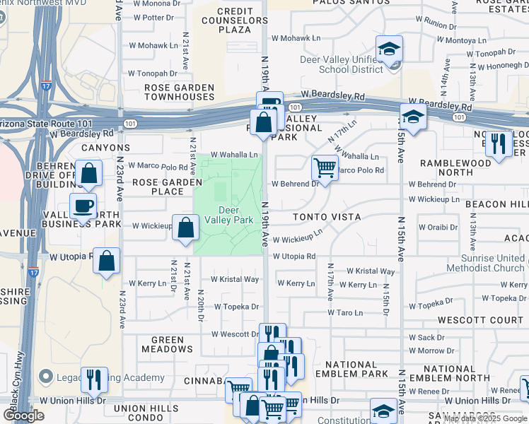 map of restaurants, bars, coffee shops, grocery stores, and more near N 19th Ave & W Tonto Ln in Phoenix
