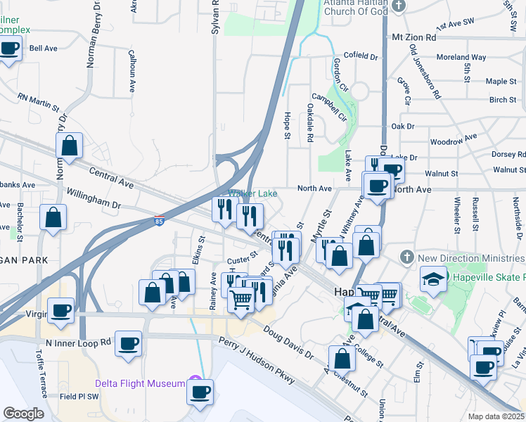 map of restaurants, bars, coffee shops, grocery stores, and more near 3322 Springhaven Avenue in Hapeville
