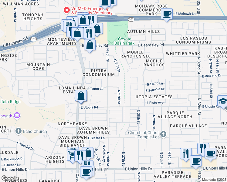 map of restaurants, bars, coffee shops, grocery stores, and more near 2609 East Tonto Lane in Phoenix