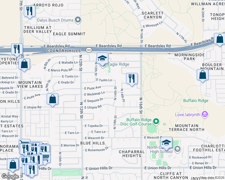 map of restaurants, bars, coffee shops, grocery stores, and more near 1349 East Piute Avenue in Phoenix