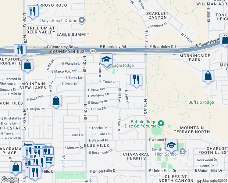 map of restaurants, bars, coffee shops, grocery stores, and more near 1349 East Piute Avenue in Phoenix
