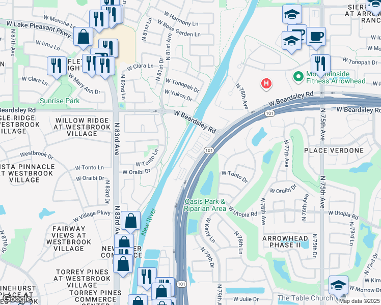 map of restaurants, bars, coffee shops, grocery stores, and more near New River Trail West in Glendale