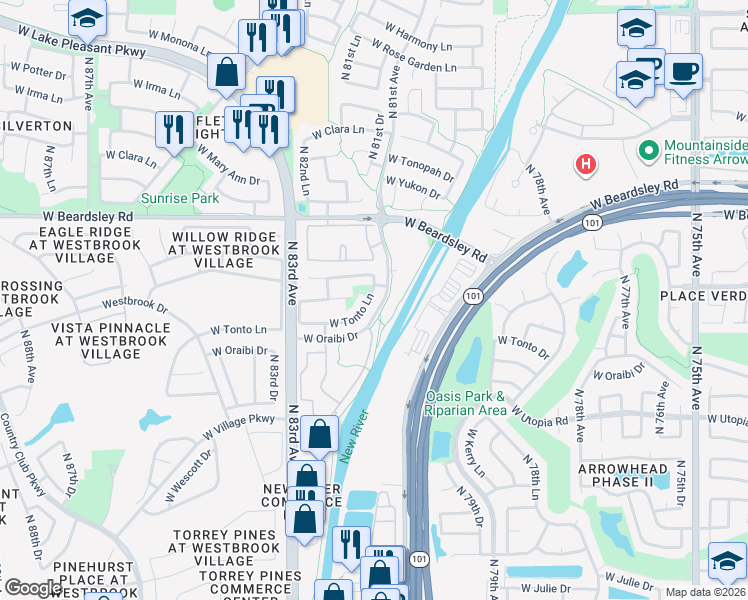 map of restaurants, bars, coffee shops, grocery stores, and more near 8120 West Tonto Lane in Peoria