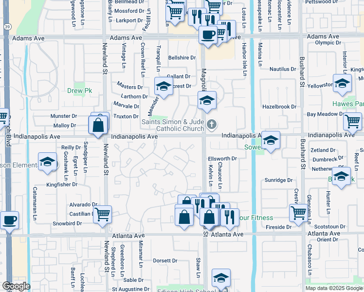 map of restaurants, bars, coffee shops, grocery stores, and more near 8885 Modoc Circle in Huntington Beach