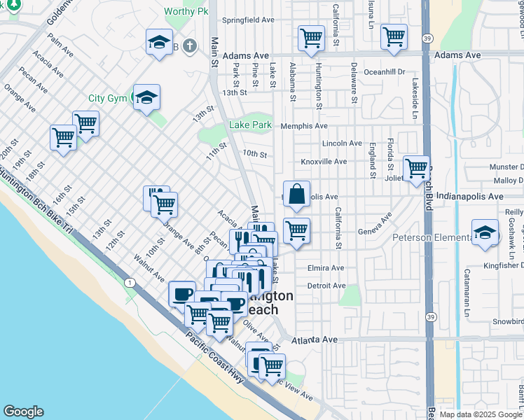 map of restaurants, bars, coffee shops, grocery stores, and more near 710 Main Street in Huntington Beach