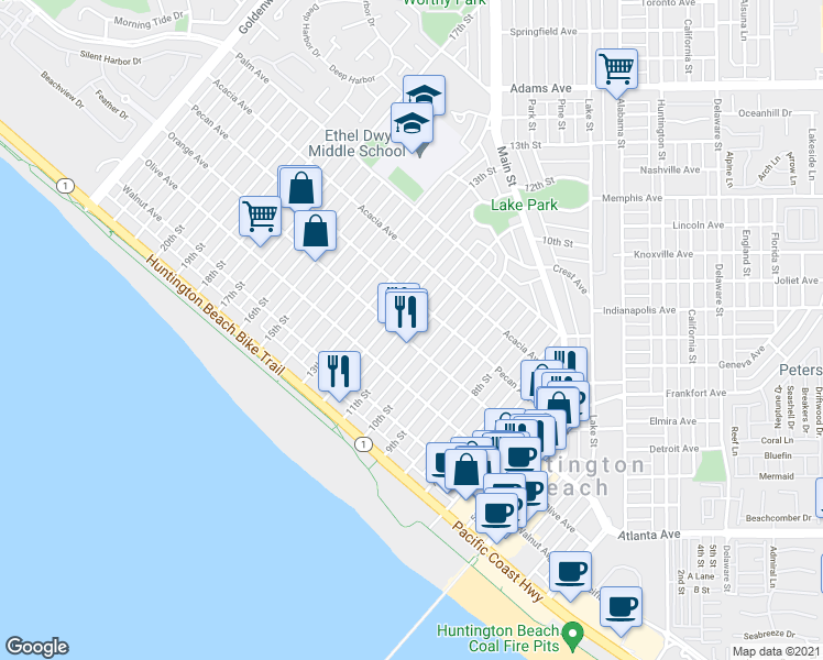 map of restaurants, bars, coffee shops, grocery stores, and more near 414 12th Street in Huntington Beach