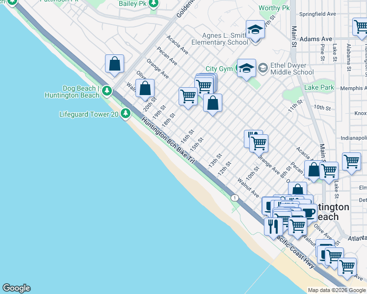map of restaurants, bars, coffee shops, grocery stores, and more near in Huntington Beach