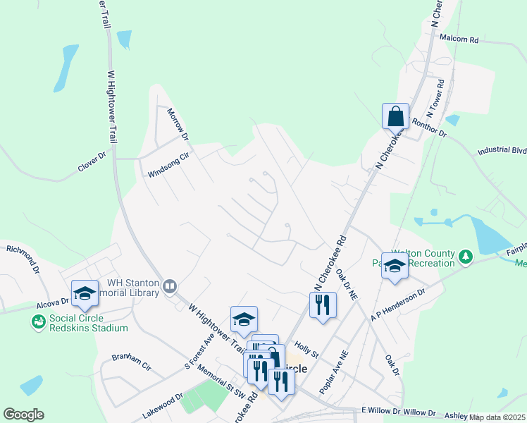 map of restaurants, bars, coffee shops, grocery stores, and more near 931 Park Place Street in Social Circle