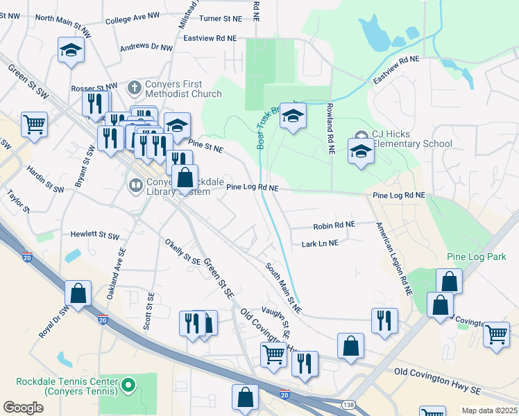 map of restaurants, bars, coffee shops, grocery stores, and more near 815 South Pine Street Northeast in Conyers