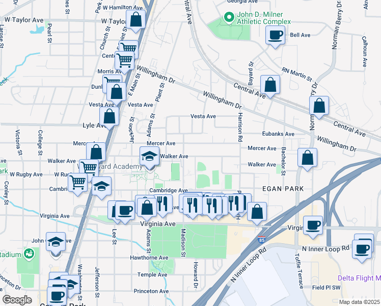 map of restaurants, bars, coffee shops, grocery stores, and more near 1515 Walker Avenue Southwest in Atlanta
