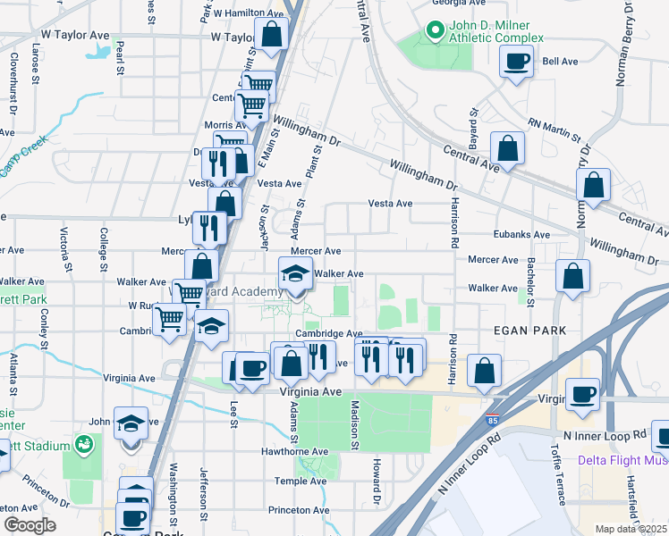 map of restaurants, bars, coffee shops, grocery stores, and more near 1540 Mercer Avenue in College Park