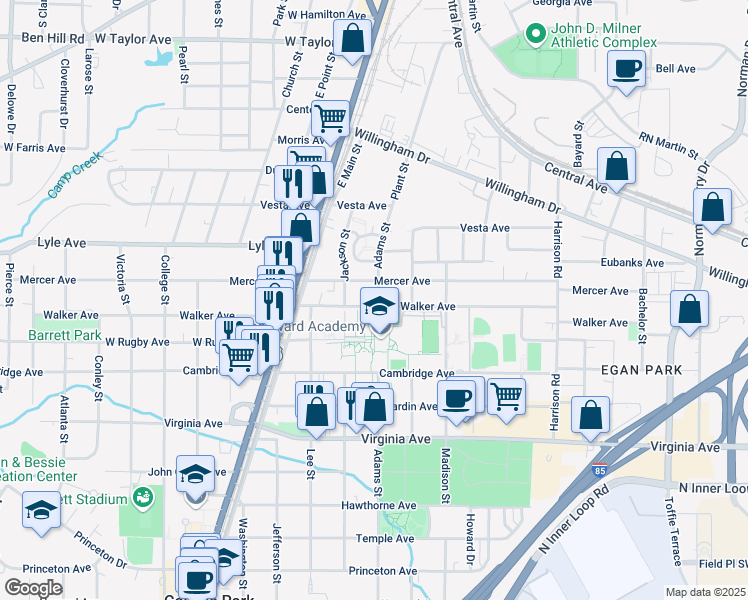 map of restaurants, bars, coffee shops, grocery stores, and more near 1627 Walker Avenue in College Park