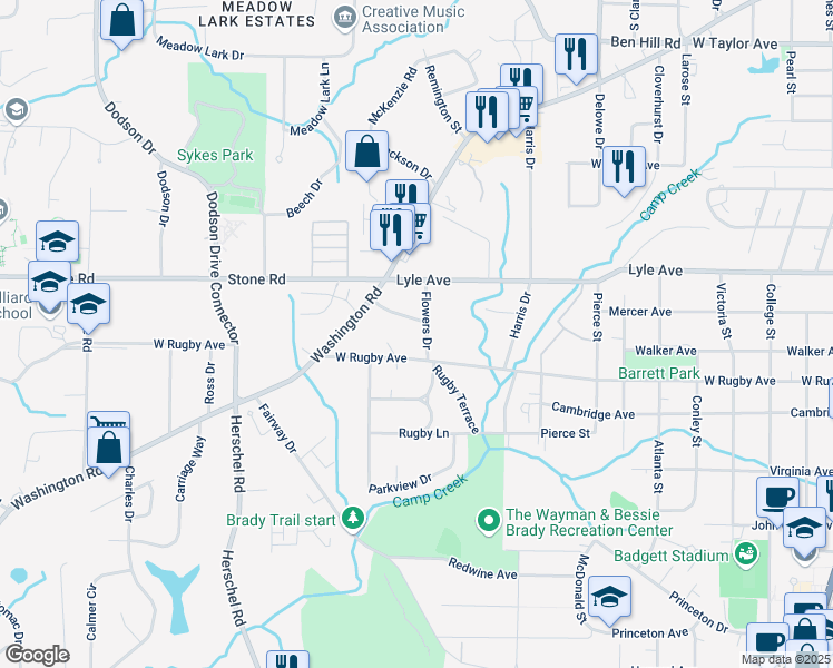 map of restaurants, bars, coffee shops, grocery stores, and more near 3345 Flowers Drive in Tucker
