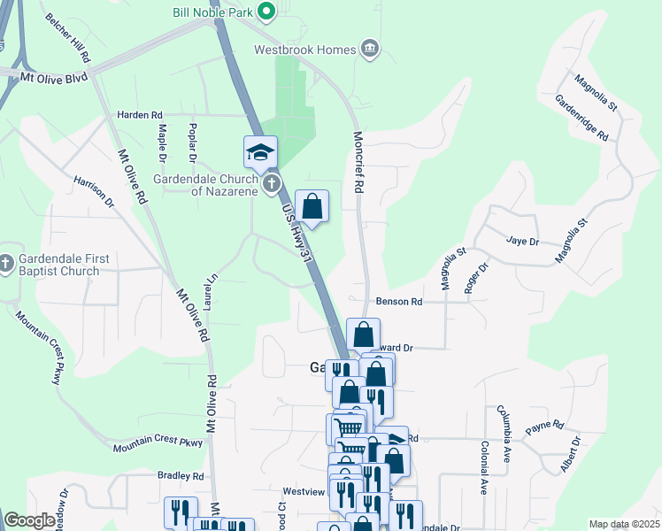 map of restaurants, bars, coffee shops, grocery stores, and more near 1609 Decatur Highway in Gardendale
