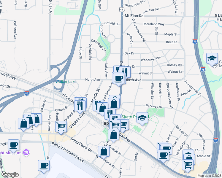 map of restaurants, bars, coffee shops, grocery stores, and more near 3294 North Whitney Avenue in Hapeville