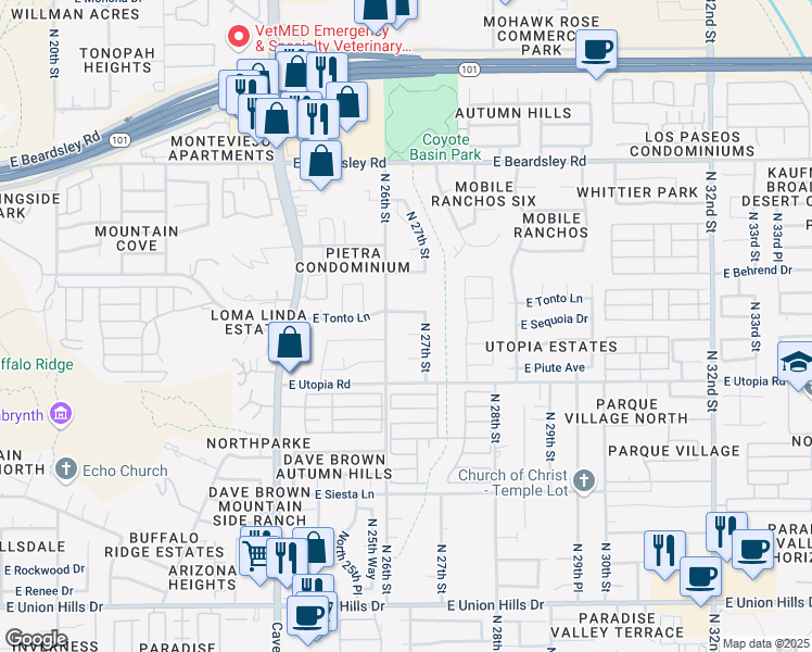 map of restaurants, bars, coffee shops, grocery stores, and more near 2609 East Tonto Lane in Phoenix