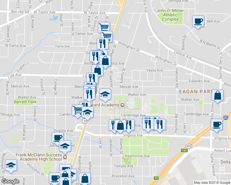 map of restaurants, bars, coffee shops, grocery stores, and more near 1647 Walker Avenue in College Park