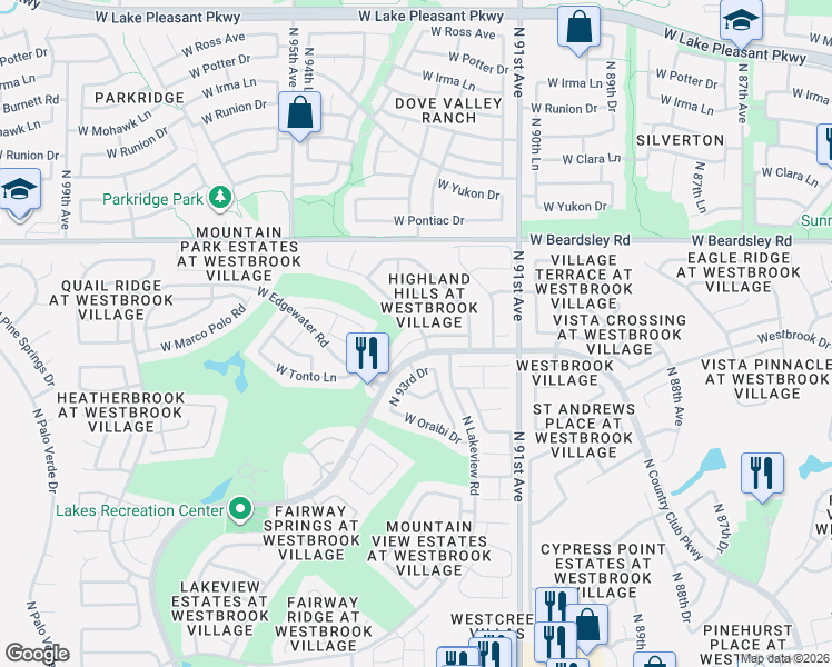 map of restaurants, bars, coffee shops, grocery stores, and more near 9288 West Escuda Drive in Peoria