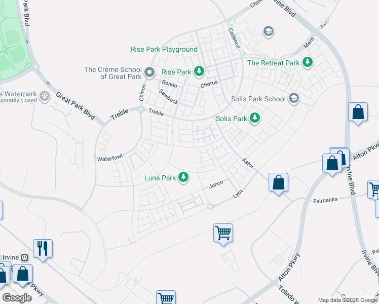 map of restaurants, bars, coffee shops, grocery stores, and more near 181 Sawbuck in Irvine