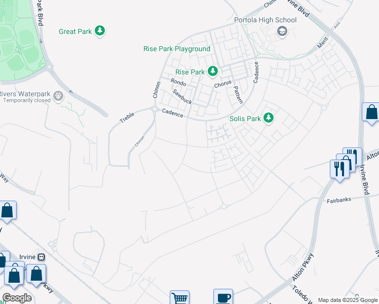 map of restaurants, bars, coffee shops, grocery stores, and more near 258 Sora in Irvine