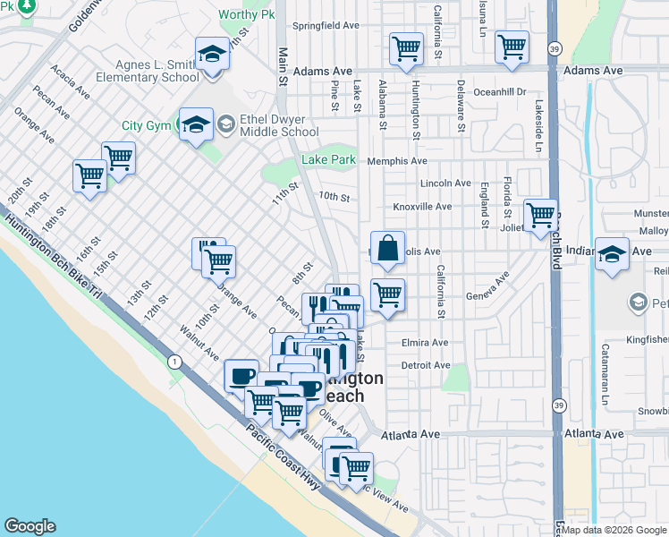 map of restaurants, bars, coffee shops, grocery stores, and more near 20512 Main Street in Huntington Beach