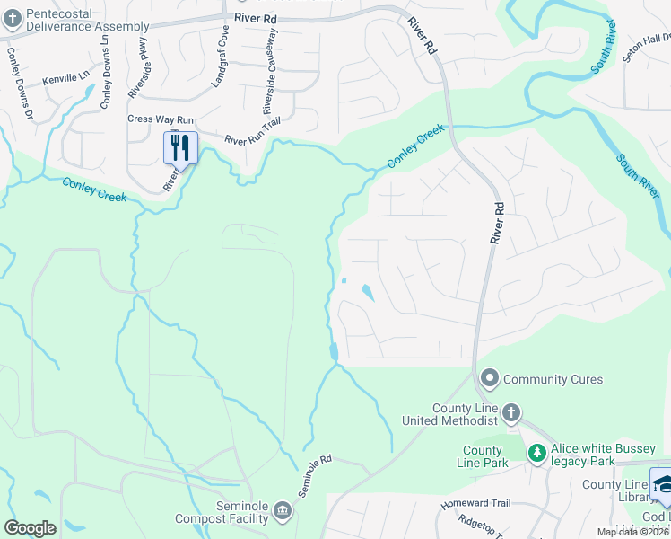 map of restaurants, bars, coffee shops, grocery stores, and more near 3341 Garden Mill Lane in Ellenwood
