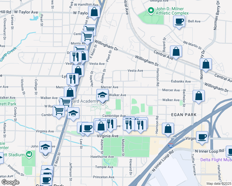 map of restaurants, bars, coffee shops, grocery stores, and more near 1540 Mercer Avenue in College Park
