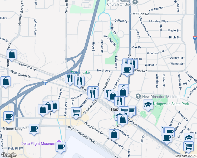 map of restaurants, bars, coffee shops, grocery stores, and more near 3301 Sims Street in Hapeville