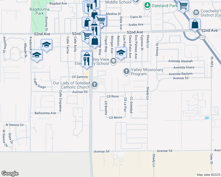 map of restaurants, bars, coffee shops, grocery stores, and more near 52975 Adam Lane in Coachella