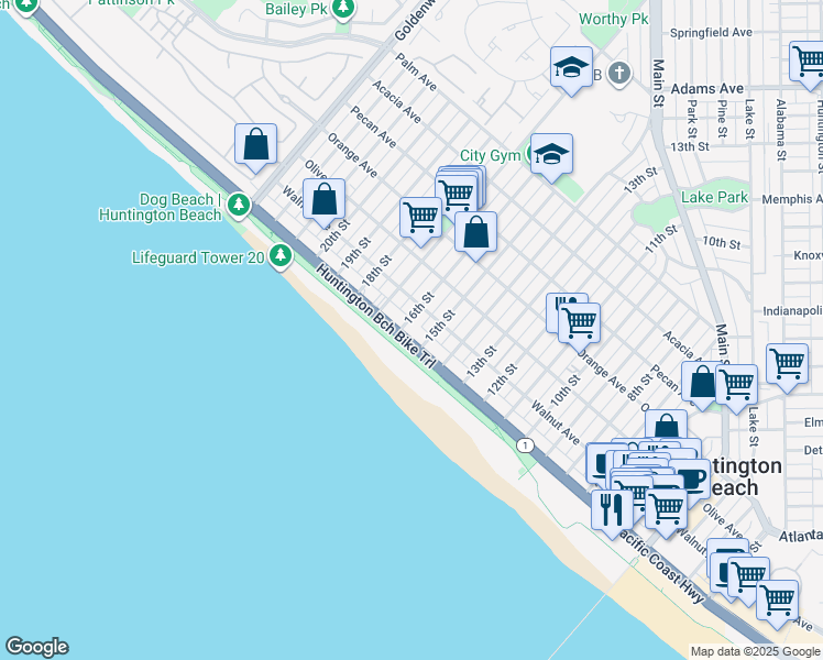map of restaurants, bars, coffee shops, grocery stores, and more near in Huntington Beach