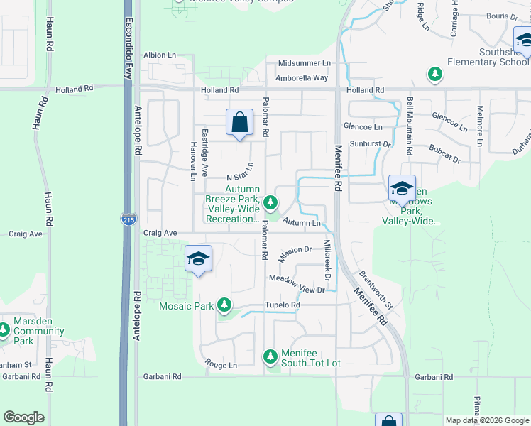 map of restaurants, bars, coffee shops, grocery stores, and more near Palomar Road in Menifee
