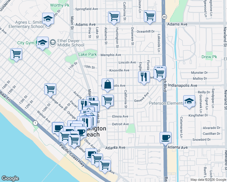 map of restaurants, bars, coffee shops, grocery stores, and more near 221 East Hartford Avenue in Huntington Beach