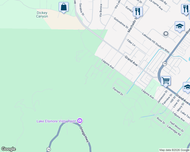 map of restaurants, bars, coffee shops, grocery stores, and more near 33353 Gisborne Street in Lake Elsinore