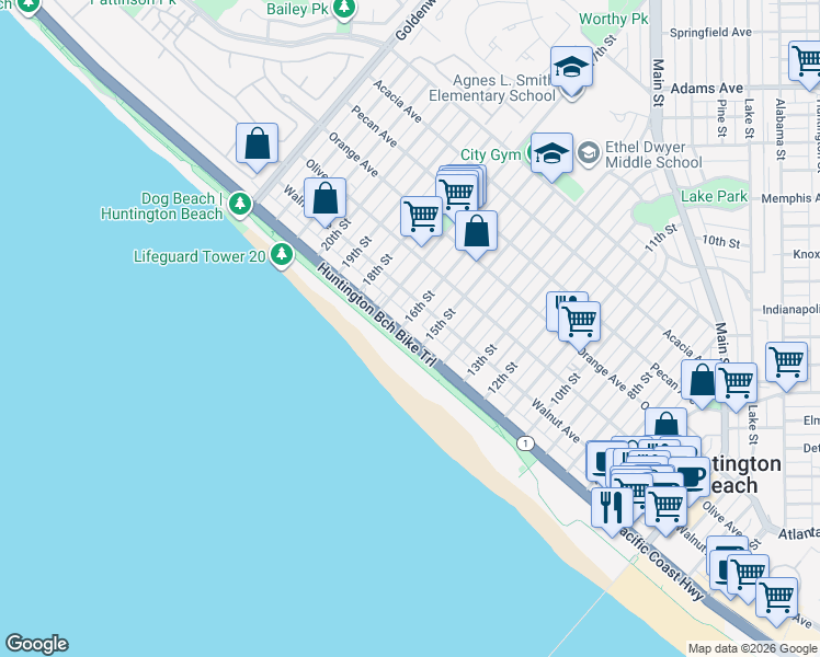 map of restaurants, bars, coffee shops, grocery stores, and more near in Huntington Beach